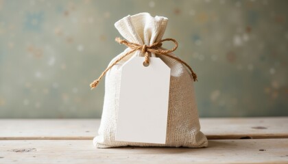 A wedding favor tag mockup tied to a small, rustic favor bag with soft-focus background highlighting the tag’s design