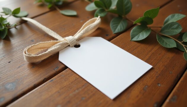 A close-up shot of a wedding favor tag mockup tied with a ribbon, placed on a wooden surface with soft, natural lighting and minimal decoration