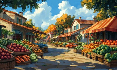 Vibrant Farmers Market with Fresh Vegetables and Fruits