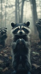 Obraz premium A playful raccoon holds a small treat, surrounded by its friends in a misty forest.
