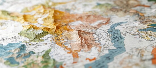 Close-up of a textured relief map showing mountains, valleys, and rivers in various colors.