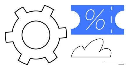 Gear cog beside a blue discount ticket with percentage sign, and cloud icon below. Ideal for business efficiency, cost reduction, cloud computing, technology integration, savings, operational