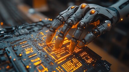 Robotic Hand Interacting With Illuminated Circuit Board