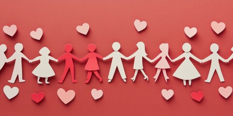 Paper cut-out people holding hands surrounded by hearts on red background demonstrating unity
