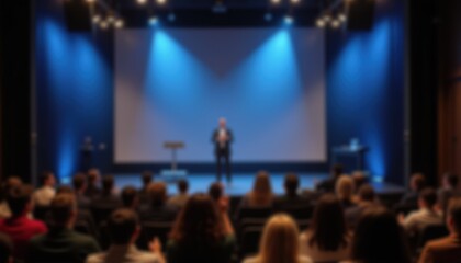 A mockup showing a presenter on stage with a small audience seated, with the background blurred to keep the focus on the presenter and their presentation