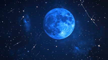 A vibrant blue full moon dominates a dark night sky, speckled with countless stars and shooting stars.