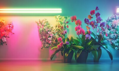 Vibrant green and pink flowers in a well-lit room. Orchids growing under fluorescent lights.
