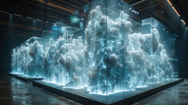 Holographic horses galloping with ethereal smoke effect: Digital light art installation featuring luminous equine forms for modern technology and artistic visualization concepts