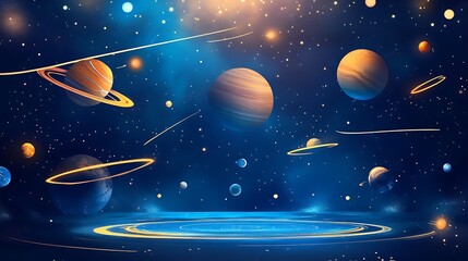 A stage with a futuristic space theme featuring glowing planets and spaceship elements 