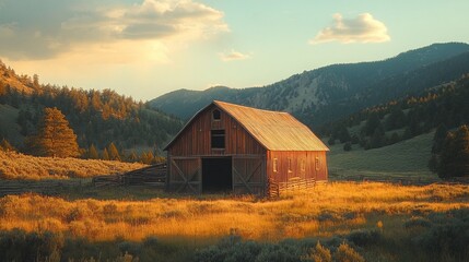 Fototapeta premium Nestled amidst rolling hills, a rustic barn basks in the warm golden hour light, surrounded by lush grass and the gentle embrace of nature’s beauty