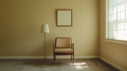 Empty room with chair, lamp, and frame.