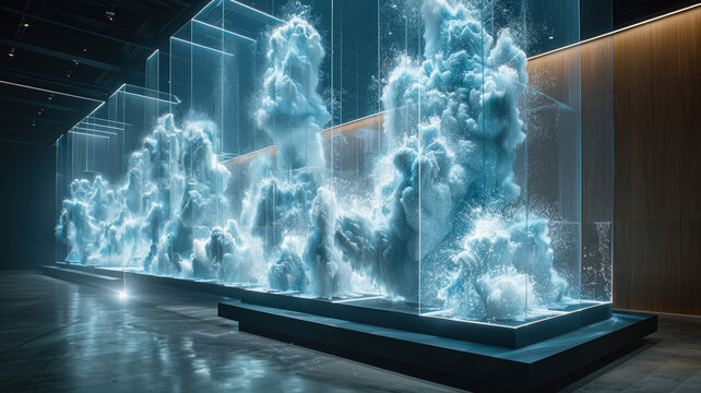 Holographic horses galloping with ethereal smoke effect: Digital light art installation featuring luminous equine forms for modern technology and artistic visualization concepts - Powered by Adobe