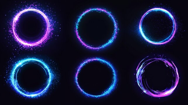 Glow circles with sparkles, magic light effect. Vector realistic set of blue and purple shiny rings and swirls, round frames of flare trail with glitter dust isolated on transparent background