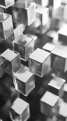 Neatly aligned translucent cubes on a grey background symbolize order, clarity, and innovation. A modern 3D render suggests structured thinking, futuristic ideas, and technological precision.
