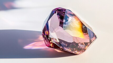 A vibrant gemstone with pink, orange, and purple hues, showcasing its facets and shadow on a white background.