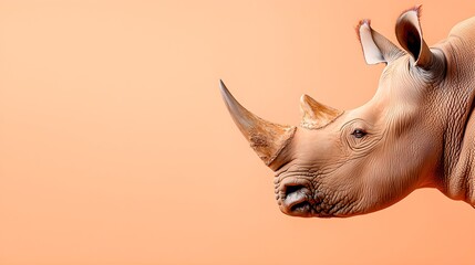 A close-up of a rhinoceros head against a soft orange background, highlighting its distinctive features and texture.