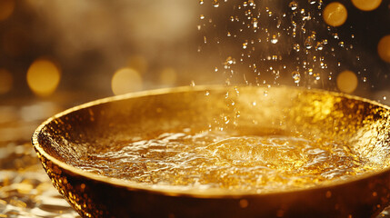 Golden water droplets splash in a shimmering bowl during a vibrant celebration