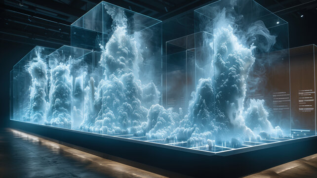 Holographic horses galloping with ethereal smoke effect: Digital light art installation featuring luminous equine forms for modern technology and artistic visualization concepts