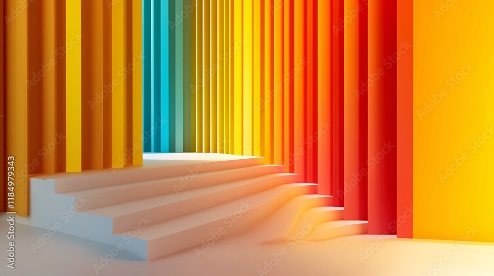 Poster white staircase leading to colorful vertical stripes creating a vibrant backdrop