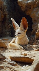 A cute fennec fox with large ears resting in a rocky setting, showcasing its unique features and soft fur.