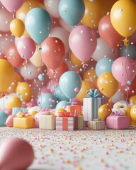 Colorful balloons and festive gifts create a joyful celebration atmosphere.