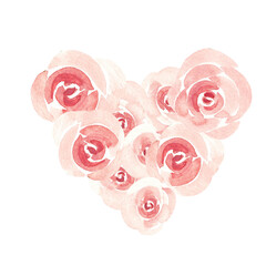 Heart-shaped arrangement of pink Roses in a minimalistic watercolor style. Ideal for Valentine's Day, weddings, or romantic designs. Hand painted floral bouquet isolated on a white background, perfect