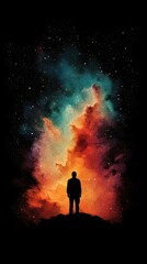 A Solitary Figure Before A Cosmic Nebula