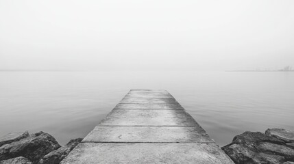 Foggy lake with small concrete pier.