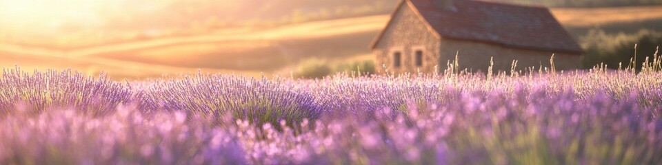 Fototapeta premium Lavender field with rustic house at sunrise creating a calming atmosphere