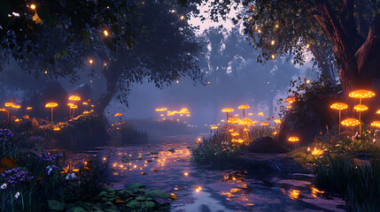 Obraz premium 3D Rendered Nature Scene with Glowing Mushrooms and Lush Foliage