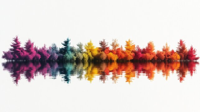 Colorful abstract trees reflected in water, vibrant rainbow hues on white background.