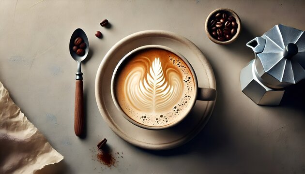 cappuccino cup with milk foam pattern, delis coffee pot, teaspoon and coffee mirror on light brown background, top view