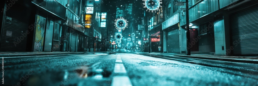 Aufkleber empty urban street with symbolic virus design reflecting isolation during pandemic times at night. g
