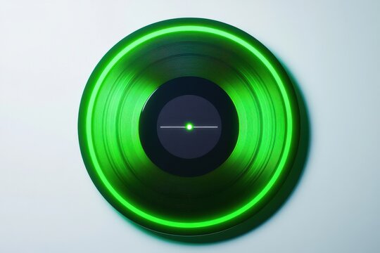 A modern green vinyl record sits against a light background, showcasing its unique circular design.