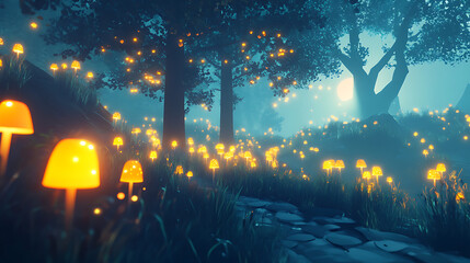 Fototapeta premium 3D Rendered Nature Scene with Glowing Mushrooms and Lush Foliage