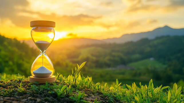An elegant hourglass rests on a smooth surface, its sand halfway through, symbolizing the relentless passage of time. Blurred seasonal imagery in the background captures life&rsquo;s fleeting cycles.
