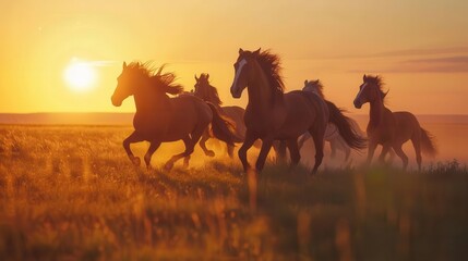 Horses galloping in a sunlit field at sunset, creating a serene and dynamic scene.