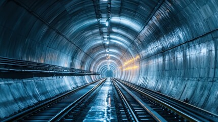 Naklejka premium Illuminated underground tunnel with reflective tracks, creating a mysterious and futuristic atmosphere.