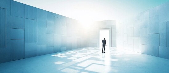 Businessman facing bright open door in futuristic hallway.