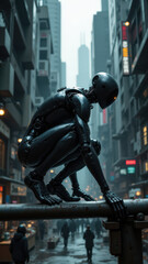 An AI robot squatting on a railing, overlooking a busy city street with rain-soaked pavement and neon lights.