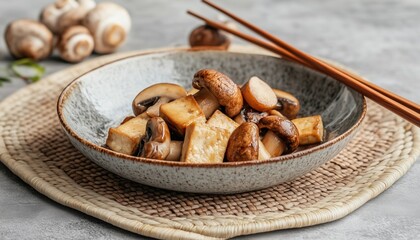 Fototapeta premium Side View Of Braised Firm Tofu And Assorted Mushrooms Served On Mat With Chopsticks In A Dish On Grey Background.