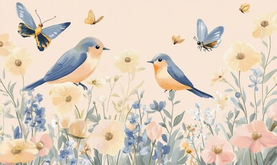 Vivid floral background with birds, butterflies and bees in a pastel color palette, perfect for spring or nature-themed rooms.