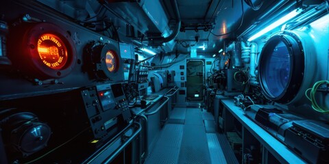 Fototapeta premium Interior of a submarine featuring control panels and illuminated equipment in a futuristic setting.