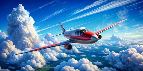 A vibrant airplane flies gracefully among thick, white clouds under a brilliant blue sky. The sunlight illuminates the scene, creating a serene atmosphere