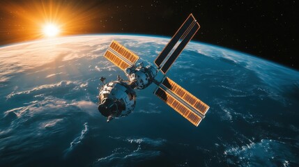Obraz premium A stunning view of a satellite in orbit around Earth, illuminated by the sun's warm glow.