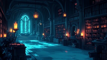 A dimly lit grand library with towering bookshelves and candles