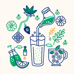Pouring drinks, Refreshing drinks with plants and herbs in colorful illustration