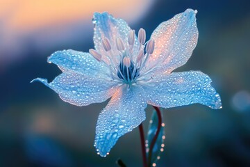 Dew-kissed, light blue flower blossoms at sunset, showcasing delicate petals and vibrant colors.