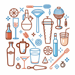 Bartender tools, Creative cocktail tools and ingredients on white background