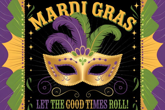 Golden mardi gras mask with purple and green feathers invites good times